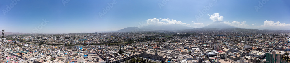 Aerial view of the city of Arequipa and its volcanoes.