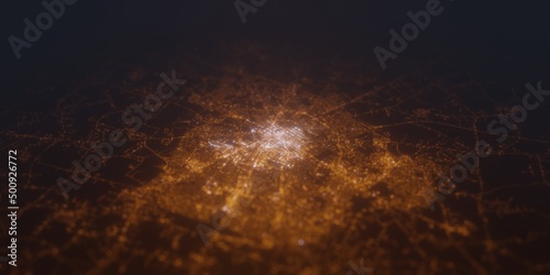 Street lights map of Lexington (Kentucky, USA) with tilt-shift effect, view from south. Imitation of macro shot with blurred background. 3d render, selective focus