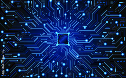 Microchip processor circuit board technology on dark blue background. Information Processing Concept. Circuit board hi-tech technology background. vector illustration
