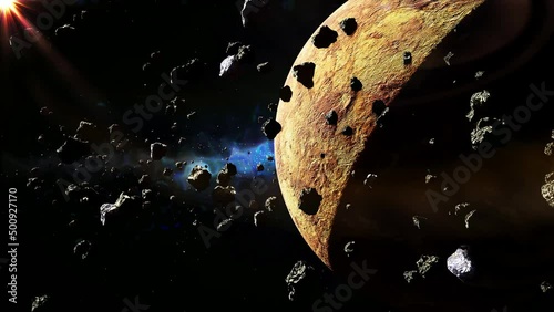 Space art. Asteroids fly around the planet. Loop 55-seconds