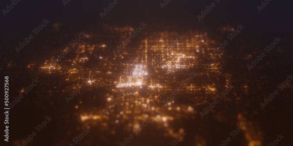 Street lights map of Kansas City (Missouri, USA) with tilt-shift effect, view from north. Imitation of macro shot with blurred background. 3d render, selective focus