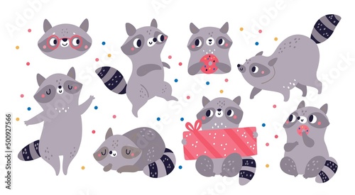 Cute raccoon. Funny little animal mascots. Different poses, emotions and actions. Forest characters with presents or donuts. Smiling muzzle. Woodland mammals. Vector cartoon beasts set