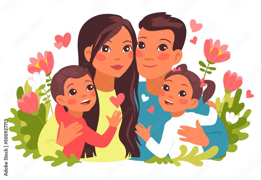 Family hugs. Happy parents and children characters portrait. Cartoon embracing people and flowers. Dad and mom together with son and daughter. Relatives relationship. Vector concept Family hugs. Happy parents and children characters portrait. Cartoon embracing people and flowers. Dad and mom together with son and daughter. Relatives relationship. Vector concept