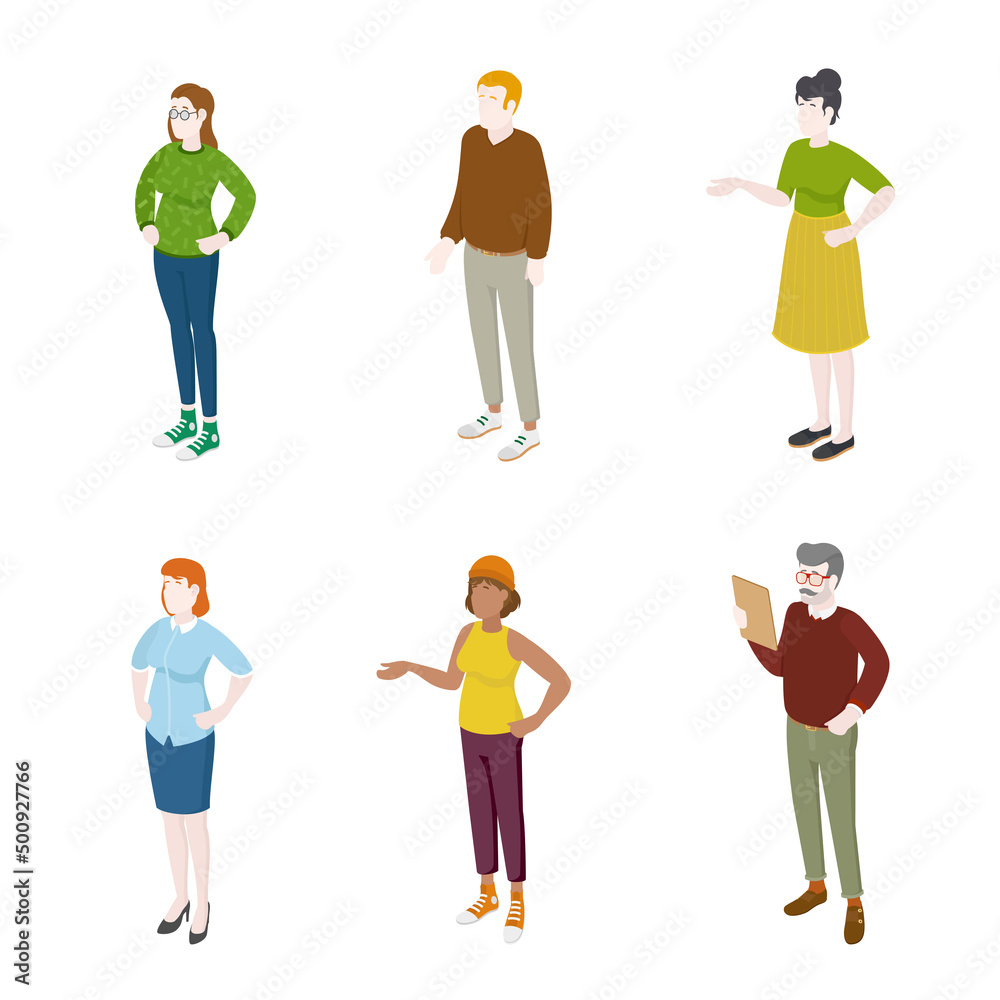 Set of different isometric people on white. Vector illustration flat design isolated. Male and female characters. Office and casual clothes.