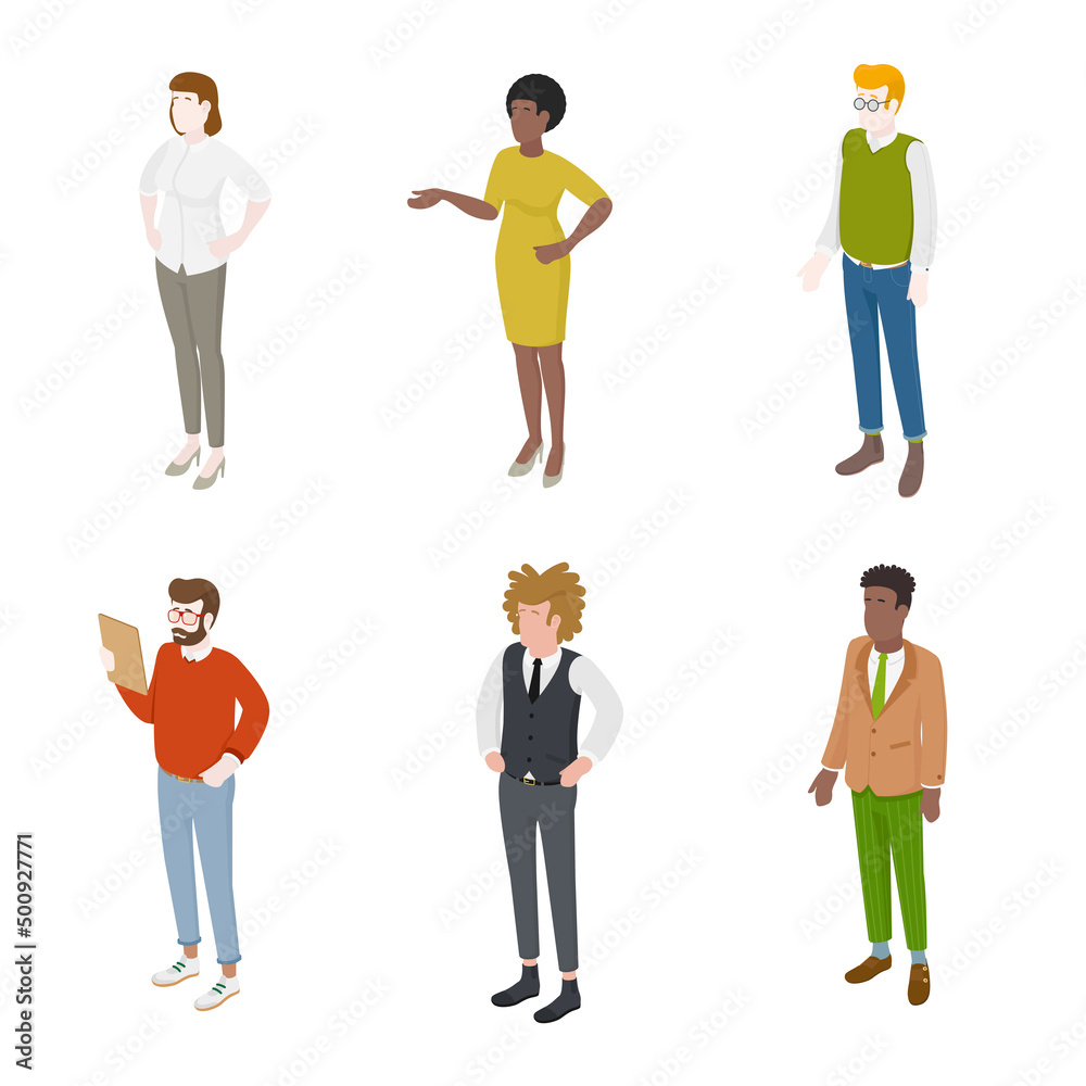 Set of different isometric people on white. Vector illustration flat design isolated. Male and female characters. Office and casual clothes. Set of different isometric people on white. Vector illustration flat design isolated. Male and female characters. Office and casual clothes.