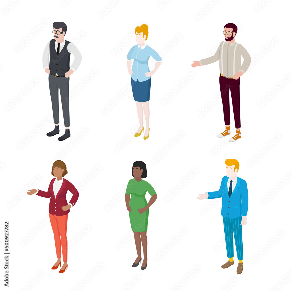 Set of different isometric people on white. Vector illustration flat design isolated. Male and female characters. Office and casual clothes. Set of different isometric people on white. Vector illustration flat design isolated. Male and female characters. Office and casual clothes.