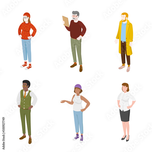 Set of different isometric people on white. Vector illustration flat design isolated. Male and female characters. Office and casual clothes.