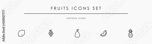 Fruits linear icon set. Lemon, grape, pear, melon, and pineapple vector icons collection