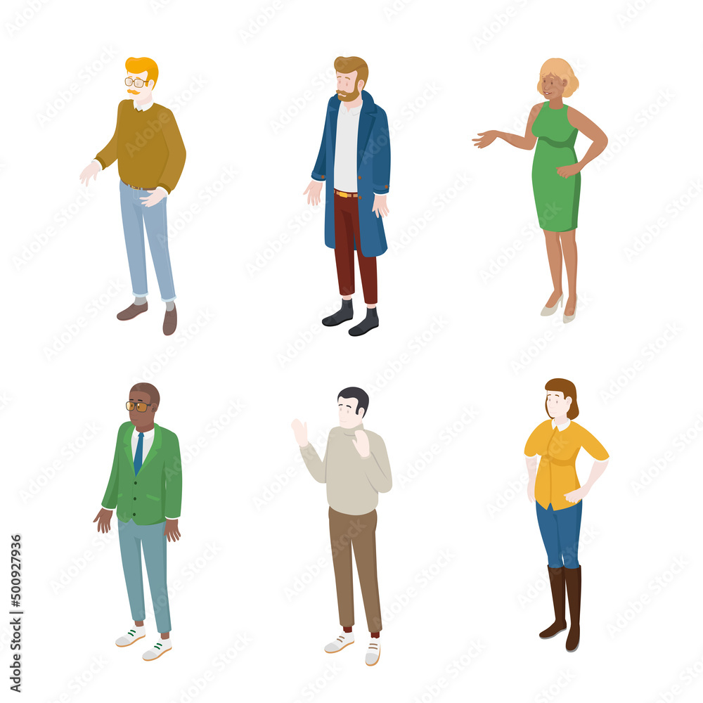 Set of different isometric people on white. Vector illustration flat design isolated. Male and female characters. Office and casual clothes. Set of different isometric people on white. Vector illustration flat design isolated. Male and female characters. Office and casual clothes.