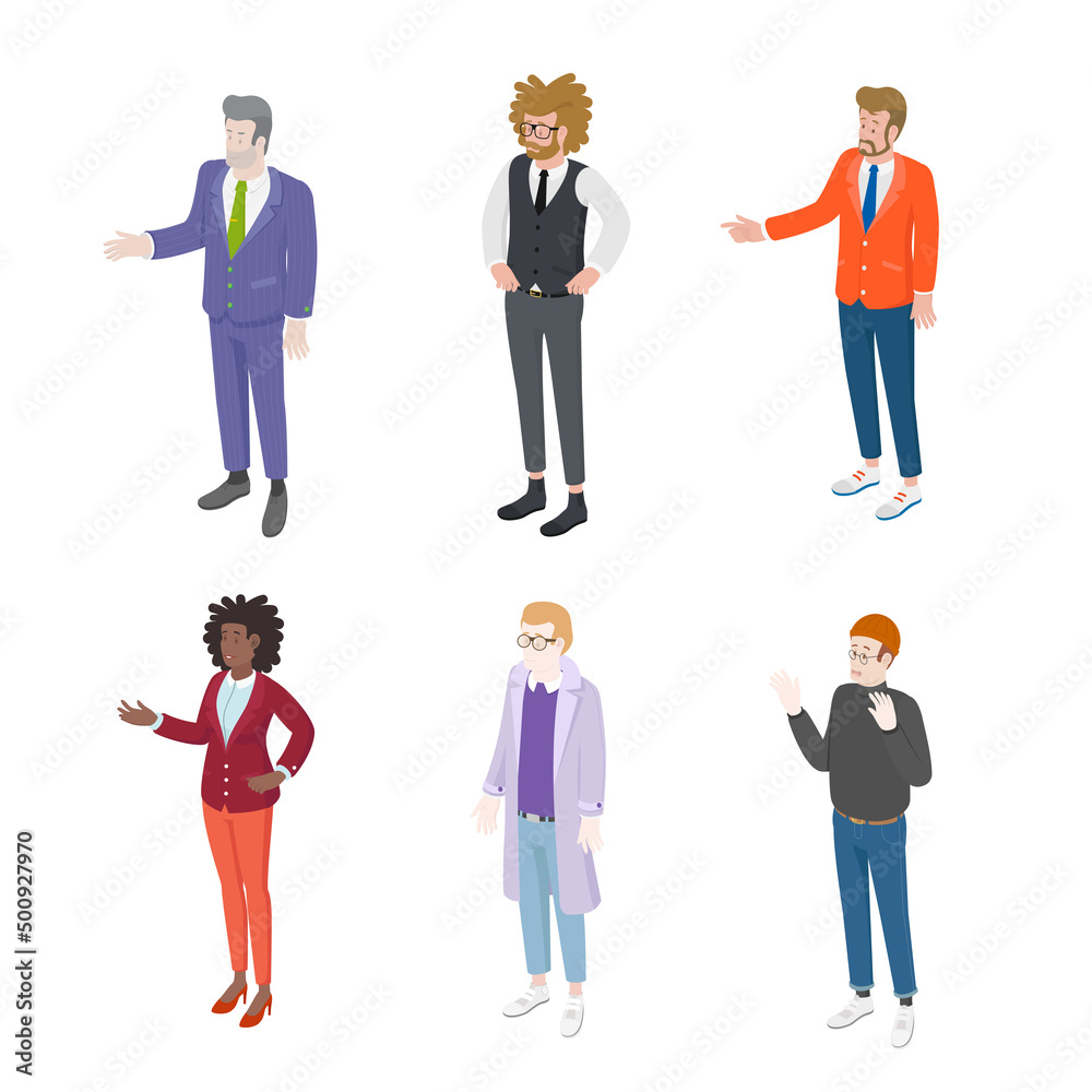 Set of different isometric people on white. Vector illustration flat design isolated. Male and female characters. Office and casual clothes. Set of different isometric people on white. Vector illustration flat design isolated. Male and female characters. Office and casual clothes.