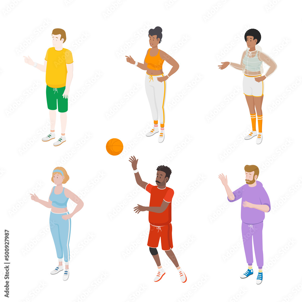 Set of different isometric people on white. Vector illustration flat design isolated. Male and female characters. Office and casual clothes. Sport, gym, active wear, training.
