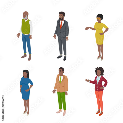 Set of different isometric people on white. Vector illustration flat design isolated. Male and female characters. Office and casual clothes.