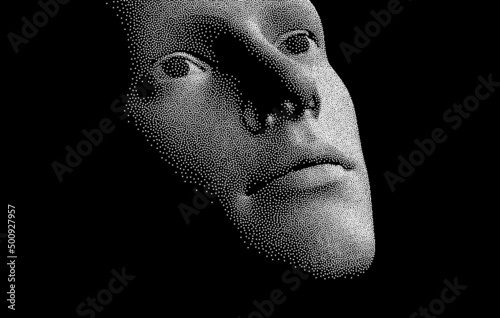 Network forming AI human face. Technology and robotics concept. Anonymous social masking. Cyber crime and cyber security vector illustration.