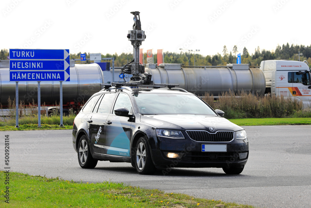 HERE mapping car Skoda Octavia with mapping hardware, eg. four wide-angle  cameras, mounted on top. Forssa, Finland. Stock Photo | Adobe Stock