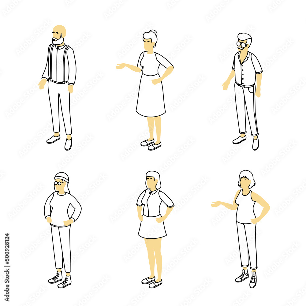 Set of different isometric people on white. Vector illustration flat design isolated. Male and female characters. Office and casual clothes. Outline, linear style, line art. Set of different isometric people on white. Vector illustration flat design isolated. Male and female characters. Office and casual clothes. Outline, linear style, line art.