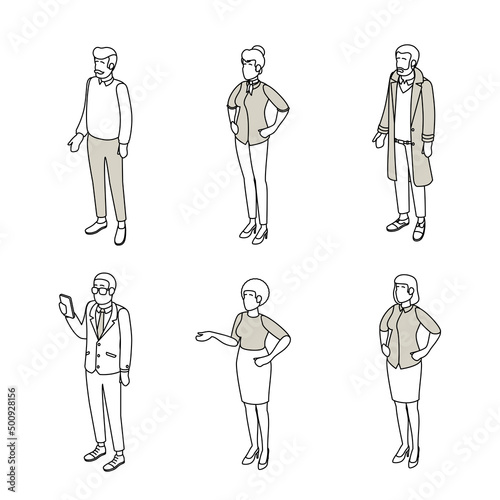 Set of different isometric people on white. Vector illustration flat design isolated. Male and female characters. Office and casual clothes. Outline, linear style, line art.