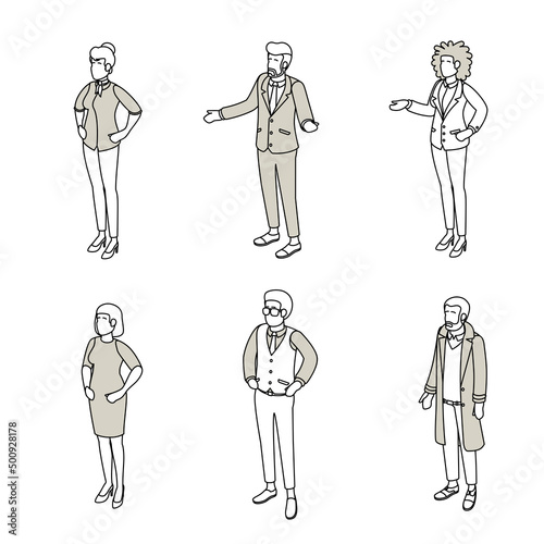 Set of different isometric people on white. Vector illustration flat design isolated. Male and female characters. Office and casual clothes. Outline, linear style, line art.