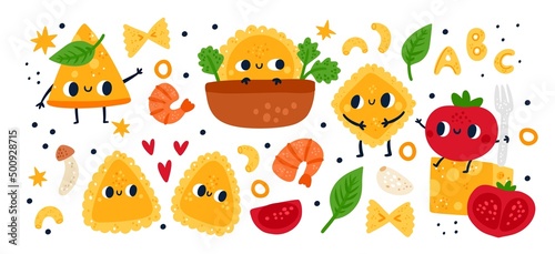 Pasta characters. Cartoon funny gourmet products. Italian cuisine. Traditional food and ingredients. Farfalle and penne. Ravioli with happy faces. Cheese and tomato. Vector culinary set