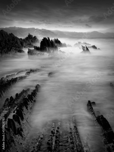  Zumaia flysch at Itzurun beach, Basque Country, beautiful seascape, long exposure