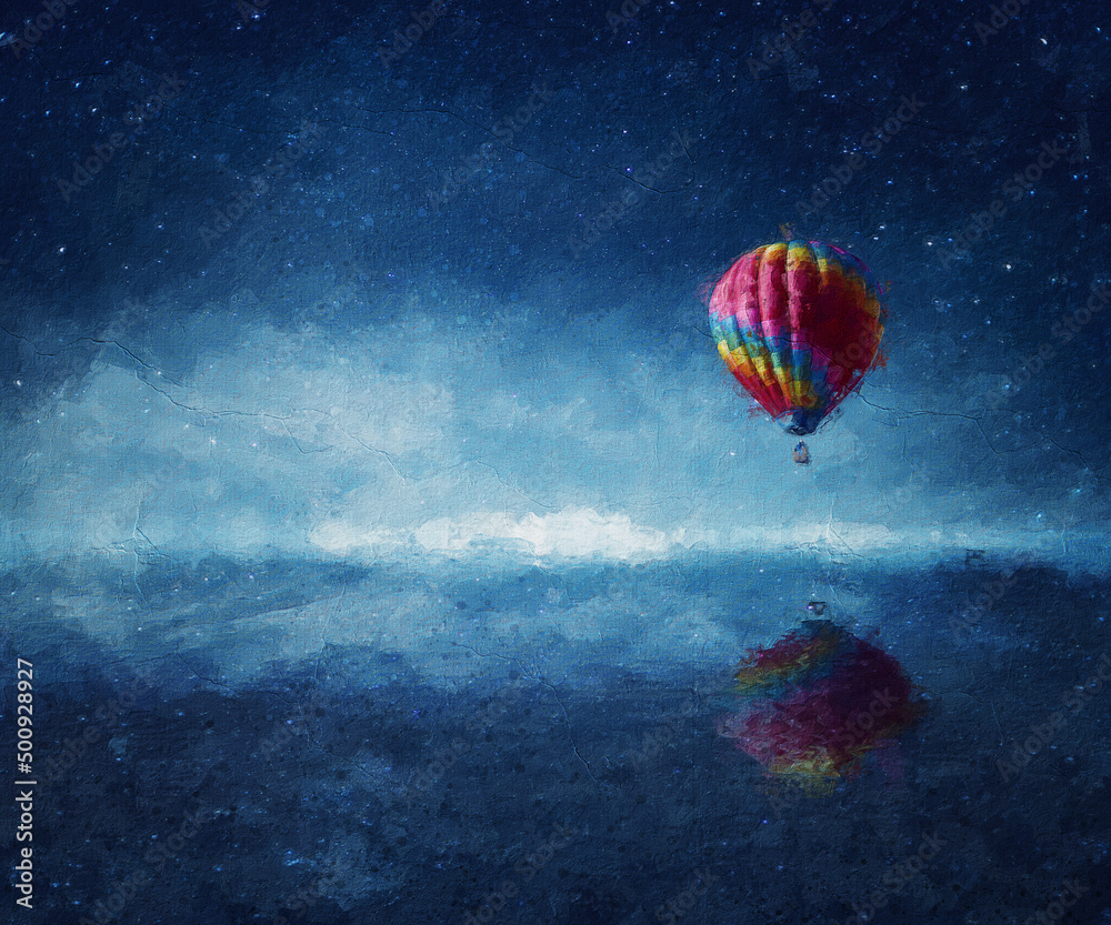 Beautiful painting of a hot air balloon flying above the blue sea with ...