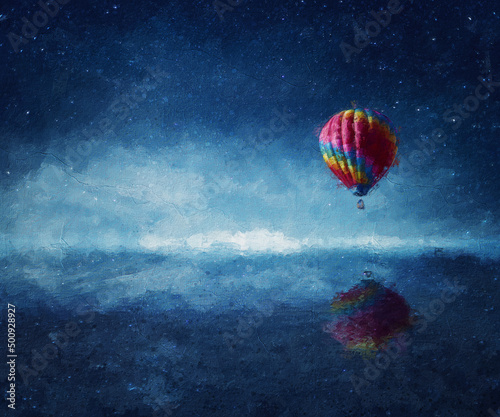 Beautiful painting of a hot air balloon flying above the blue sea with the starry night sky reflecting on the water surface. Wonderful art, seascape background