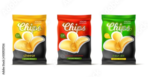 Potato chips package design. Realistic vegetable snacks. Fast food product mockup. Frying unhealthy meal in air bags. Fried crunchy tuber slices. Different tastes. Vector packaging set