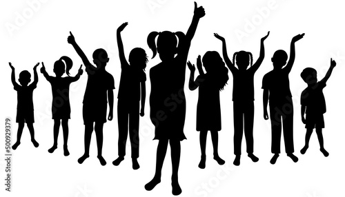 Cheerful crowd of children. Silhouettes of saluting, applauding, happy boys and girls. Vector illustration