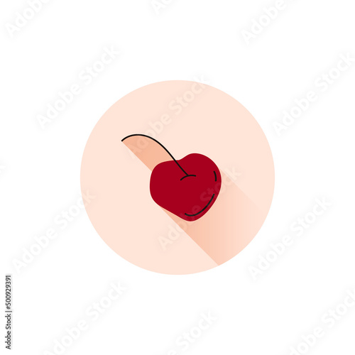Tasty stylized ripe cherry in round icon and shadow. Summer healthy food