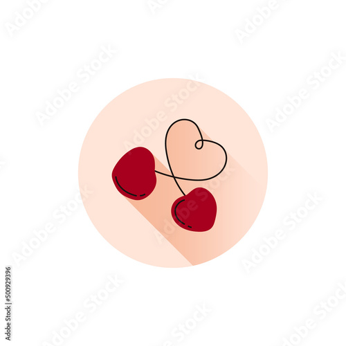 Two cute doodle tasty cherries with heart for label or sticker. Healthy diet food, raw berries