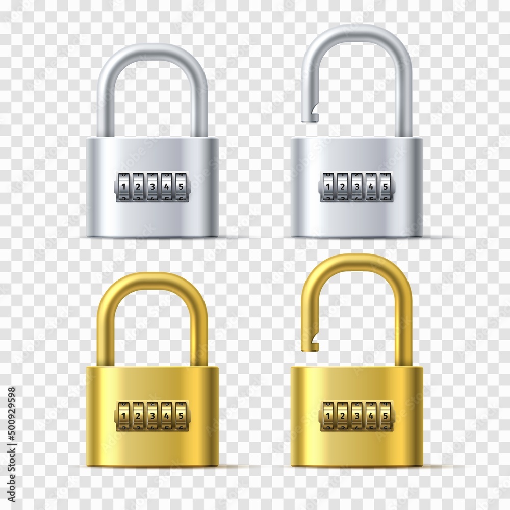 Realistic padlocks. Golden and silver door combination locks. Spinning reels with numbers. Mechanical protective device. Passcode on rotating wheels. Vector 3D interlock mechanisms set