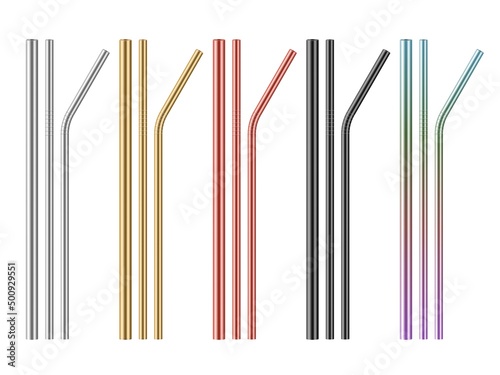 Realistic metal drinking straws. Different colors steel zero waste pipes for beverage. Straight and curved cocktail sticks. Alternative eco product. Vector reusable bar accessories set photo