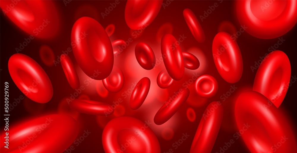 Realistic streaming blood cells. Macro vessel with 3D red particles. Abstract erythrocytes background. Enlarged artery flow. Circulatory system. Microscopic molecules. Vector concept