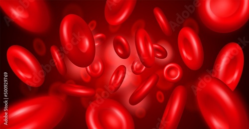 Realistic streaming blood cells. Macro vessel with 3D red particles. Abstract erythrocytes background. Enlarged artery flow. Circulatory system. Microscopic molecules. Vector concept