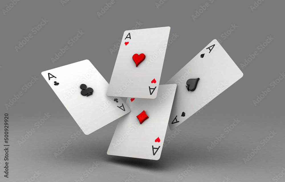 Falling poker playing cards of aces isolated on white background. 3d illustration with ground shadow Falling poker playing cards of aces isolated on white background. 3d illustration with ground shadow