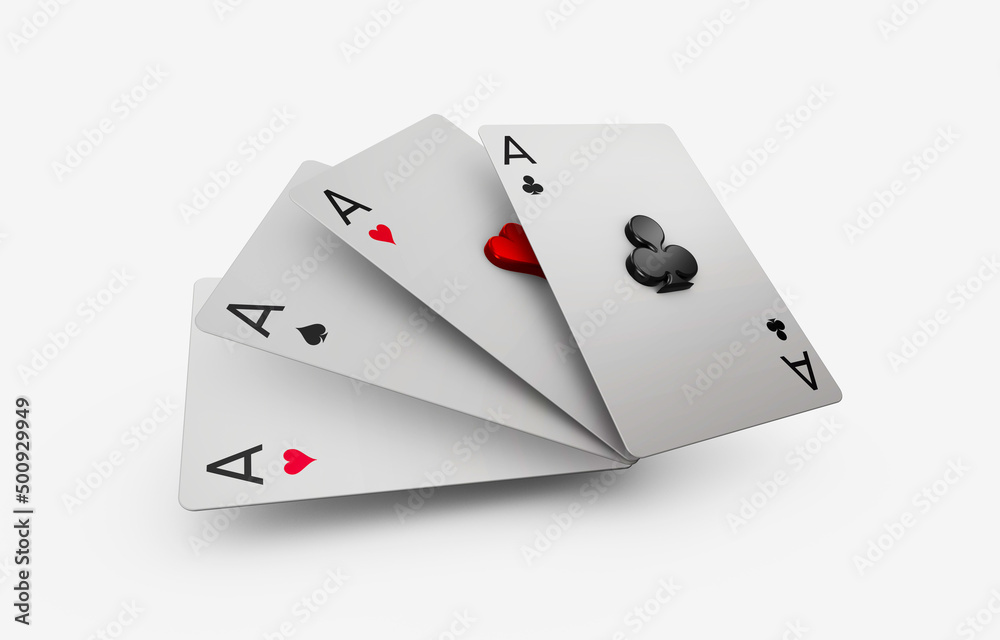Obraz premium Falling poker playing cards of aces isolated on white background. 3d illustration with ground shadow