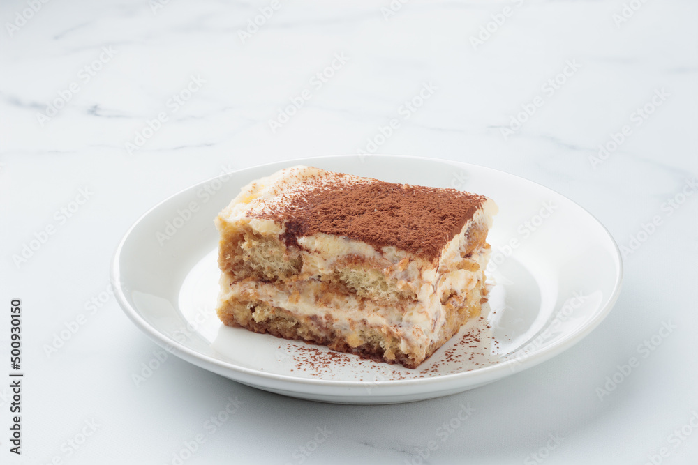 Piece of Homemade Tiramisu cake dessert