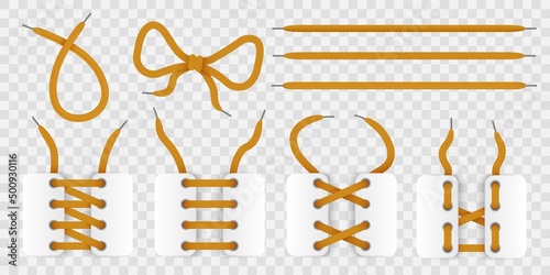 Shoelace tying. Realistic braided laces. Differently tied. Ways of lacing. Cross, parallel or zigzag threads join methods. Ribbons with grommets. Vector footwear cords positions set
