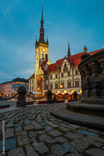 20.04. 2022. Night street scene on main square in the Olomouc.
