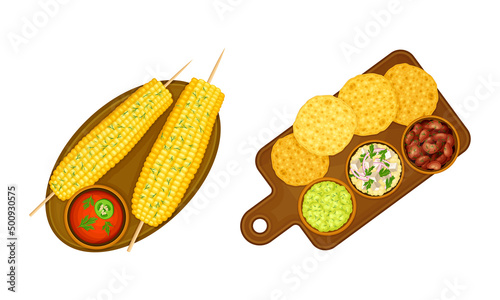 Mexican traditional tasty dishes set. View from above of served food of national cuisine vector illustration