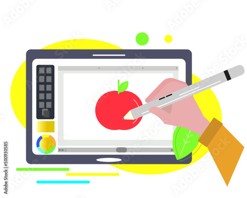 タブレットでリンゴの絵を描く お絵かきタブレット iPad ソフトやアプリ。ベクターイラスト