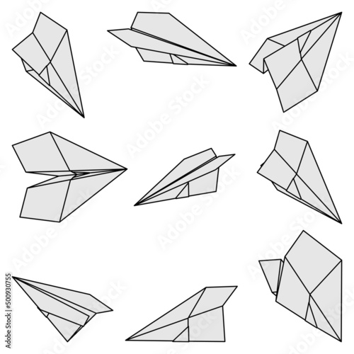 Set of vector illustrations of paper plane icons. Outline simple color craft paper airplane isolated on white background. Icon symbol of travel and route.