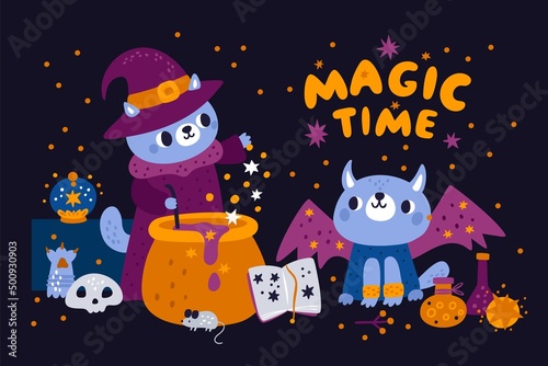 Wizard illustration. Kitten sorcerer brews magic potion in boiler. Alchemy and witchcraft accessories. Halloween character. Kitties in hats and capes. Fairytale warlocks. Vector concept