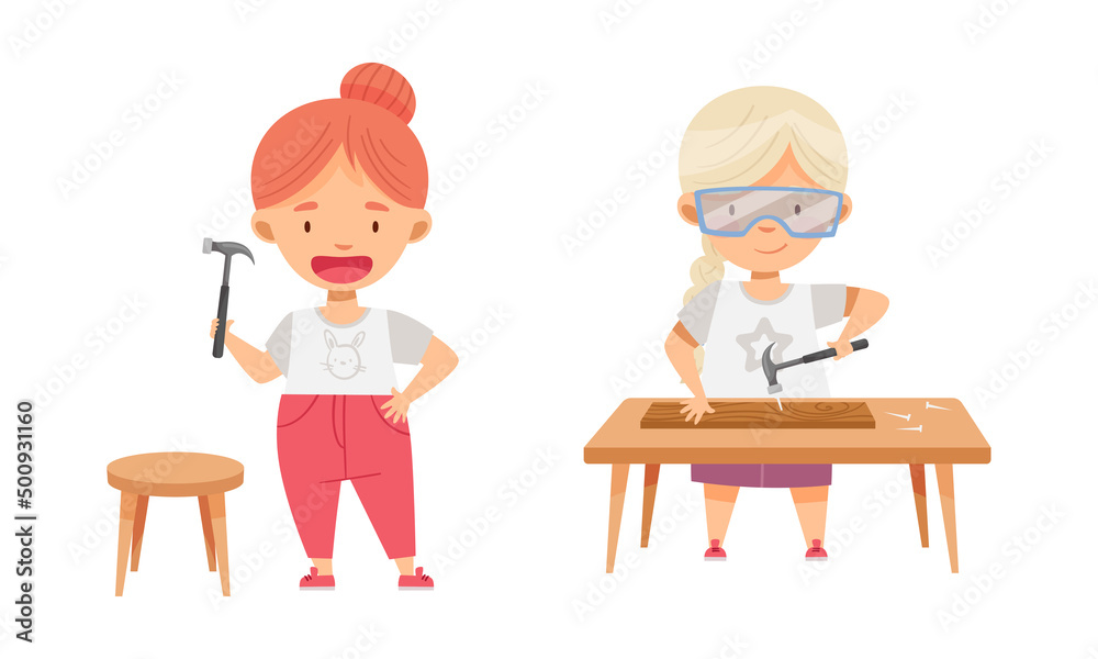 Cute boys doing carpentry work. Kids nailing up at craft lesson cartoon vector illustration Cute boys doing carpentry work. Kids nailing up at craft lesson cartoon vector illustration