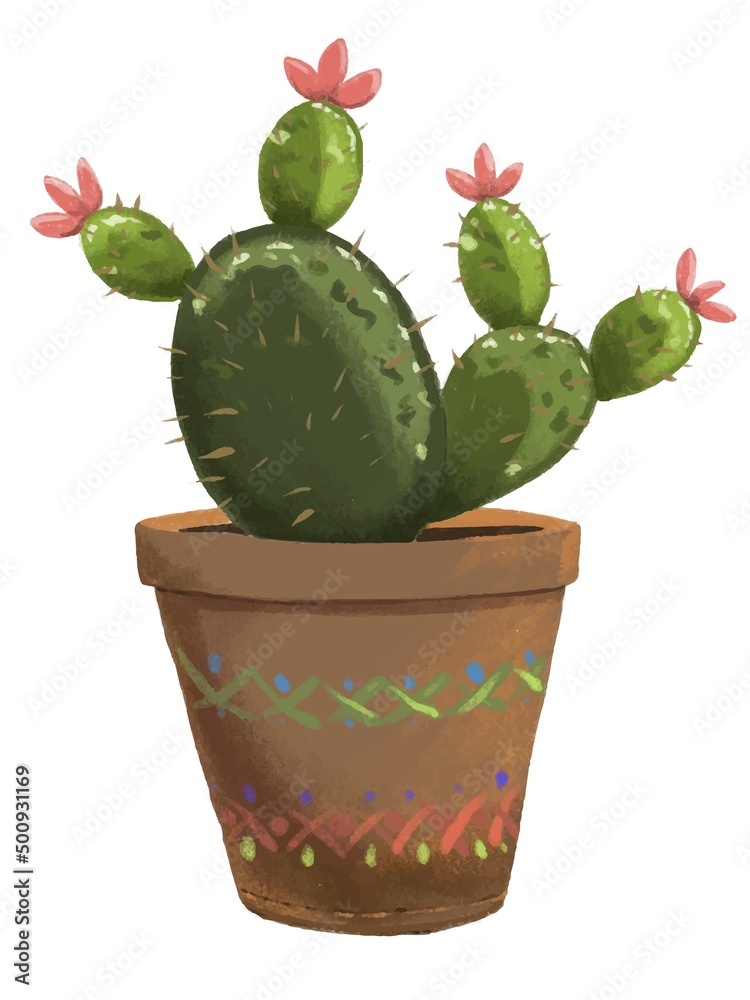 Potted houseplant opuntia vector illustration. Succulent in modern textured style. Isolated on white background