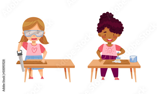 Cute boys doing carpentry work. Kids sawing and painting at craft lesson cartoon vector illustration