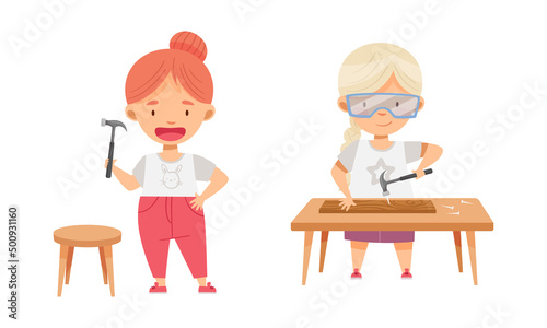 Cute boys doing carpentry work. Kids nailing up at craft lesson cartoon vector illustration