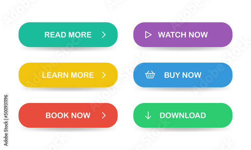 Flat style buttons for website. Read more, Learn more, Book now, Watch now, Buy now, Download. Vector EPS 10