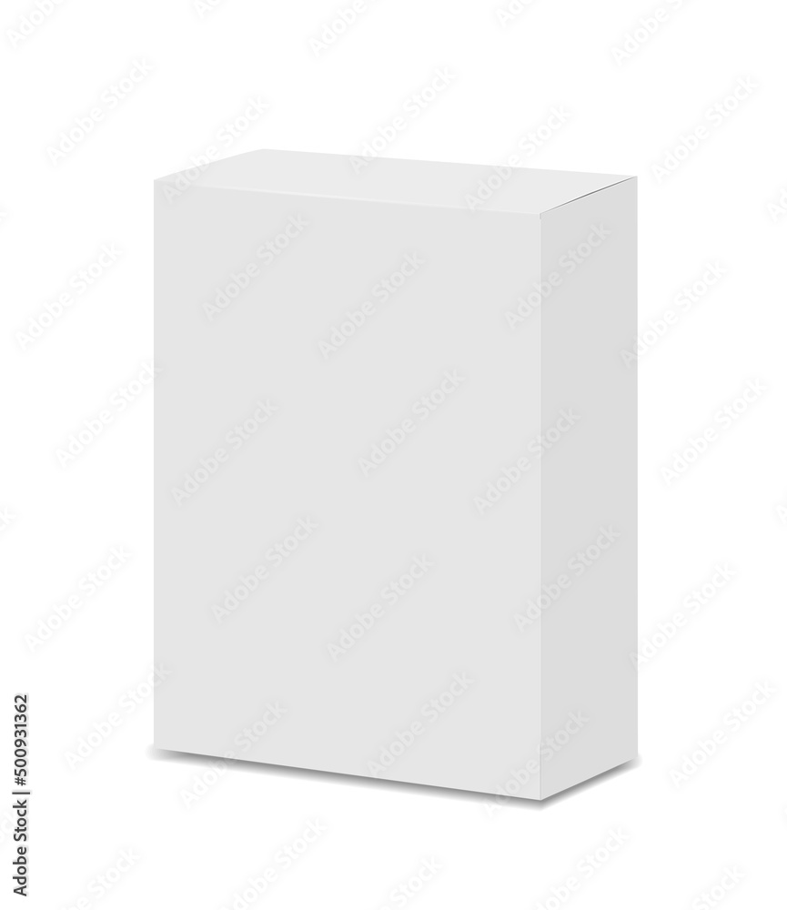 Naklejka premium Vertical white box Mockup. Vector realistic closed package. Blank template 3d vector illustration. Ready for your design. EPS10.