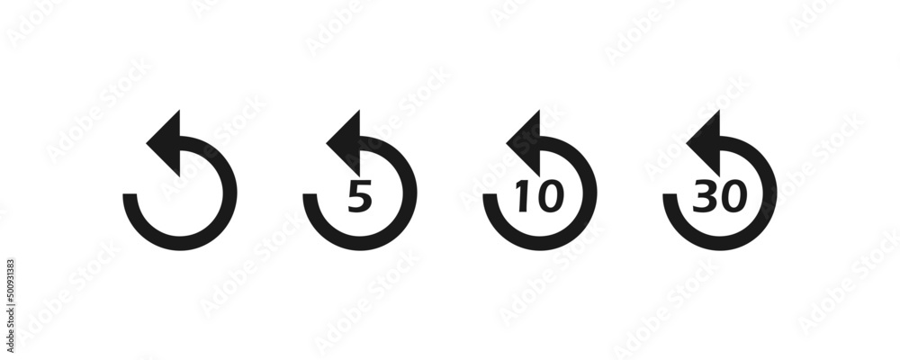 Replay icons set. 5, 10, 30 seconds playback backwards. Vector EPS 10 Replay icons set. 5, 10, 30 seconds playback backwards. Vector EPS 10