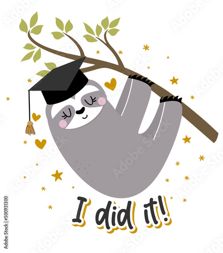 I did it - Smart Sloth student in graduate cap. Cute Sloth character. Hand drawn doodle for kids. Good for textiles, school sets, wallpapers, wrapping paper, clothes.